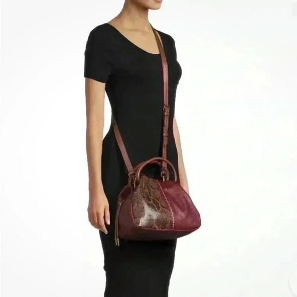 Handbags - Snake Print Vegan Leather Handbag Burgundy